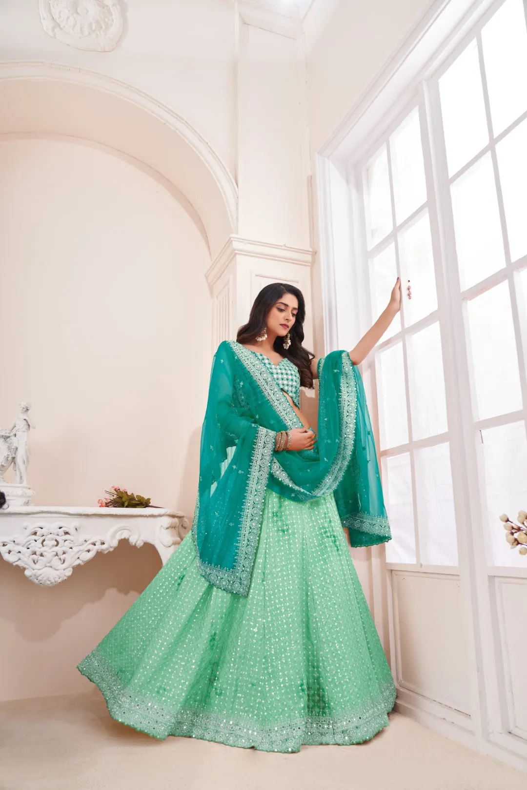 Shimmering Green Party Wear Lehenga Choli Set - Embroidered Elegance