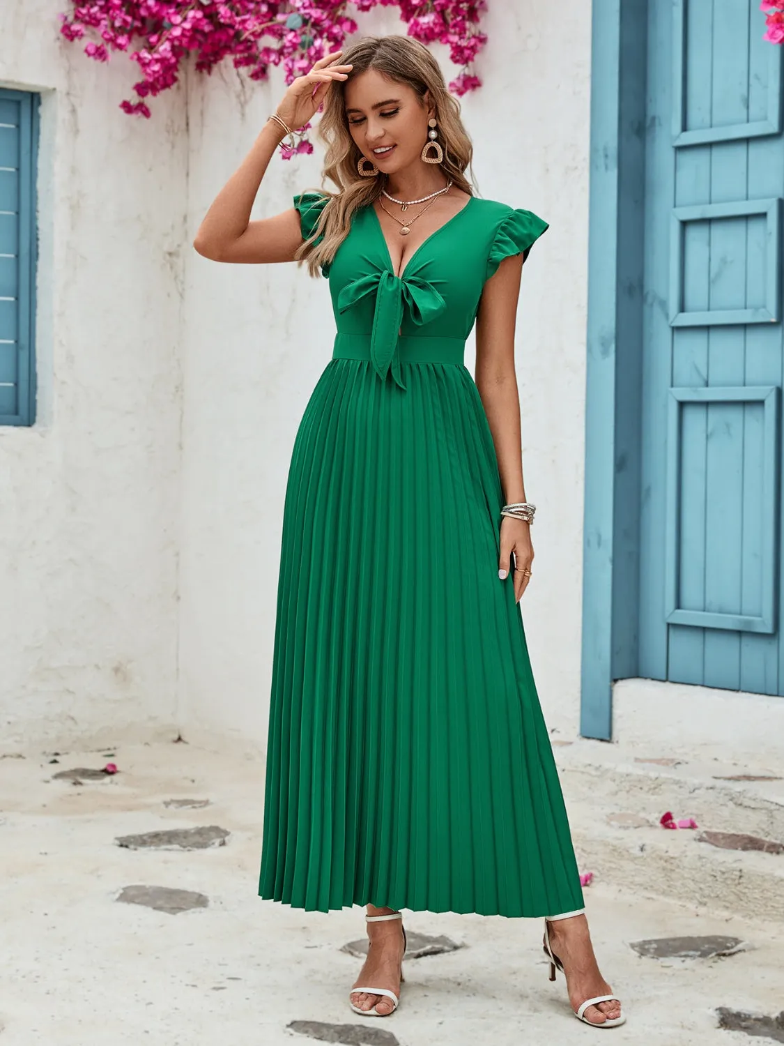 Short Sleeve Maxi Dress Green Tied Ruffled V-Neck Pleated Casual Midi Dress