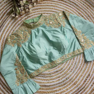 Sky Blue Golden Sequence Embroidered Blouse in glossy silk