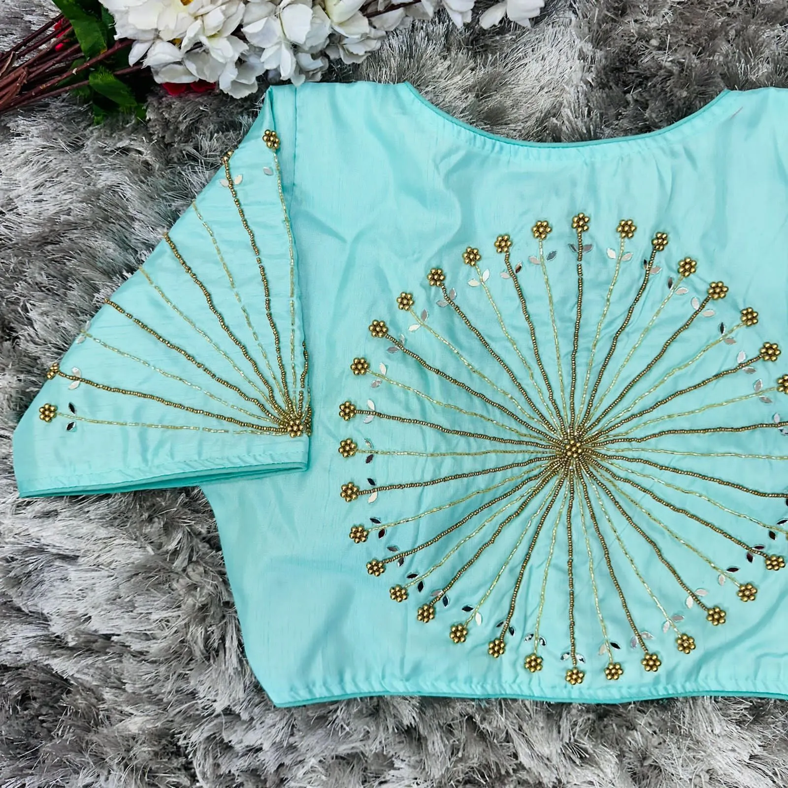 Sky Blue Handcrafted tumtum silk Golden Blouse with Ambla Mirror Accents