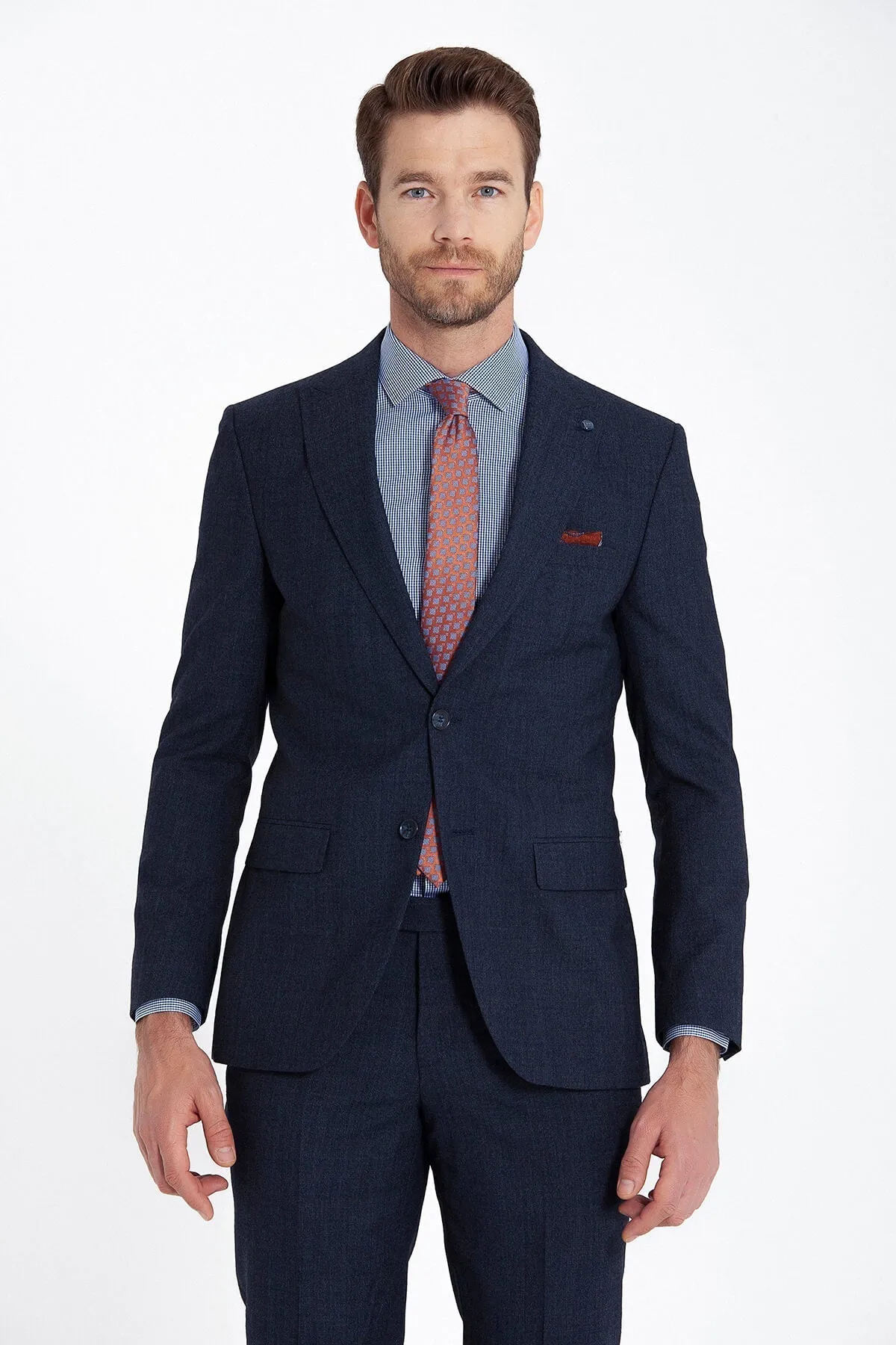 Slim Fit Peak Lapel Wool Blend Navy Classic Suit