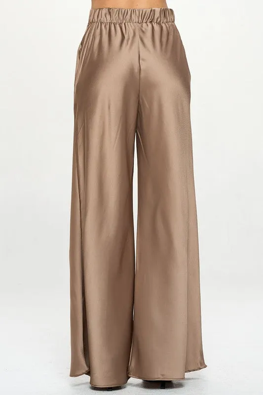 STRETCH SATIN ELASTIC WAIST POCKETS PANTS