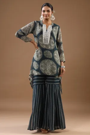 Teal Printed Asymmetrical Tunic with sharara