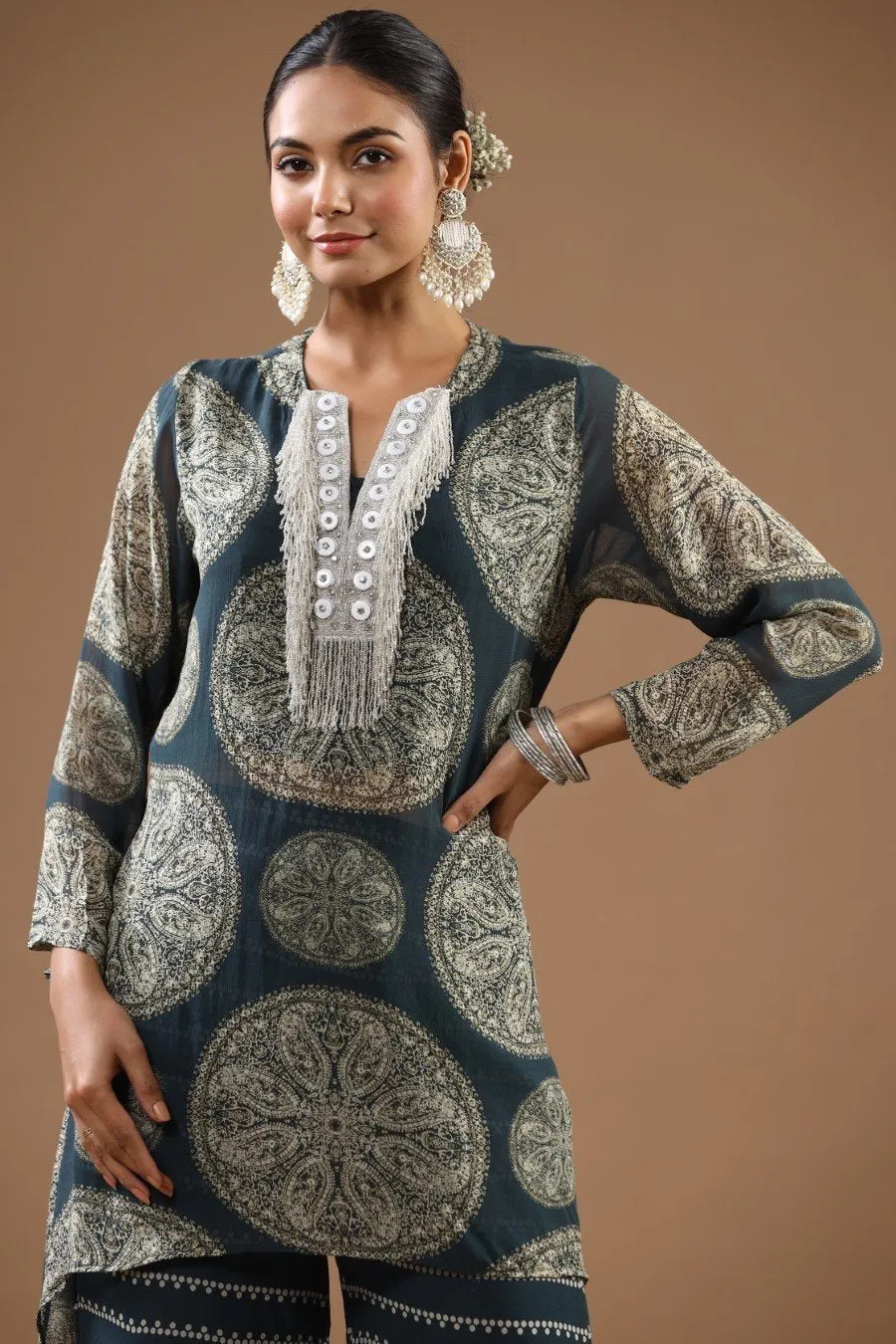 Teal Printed Asymmetrical Tunic with sharara