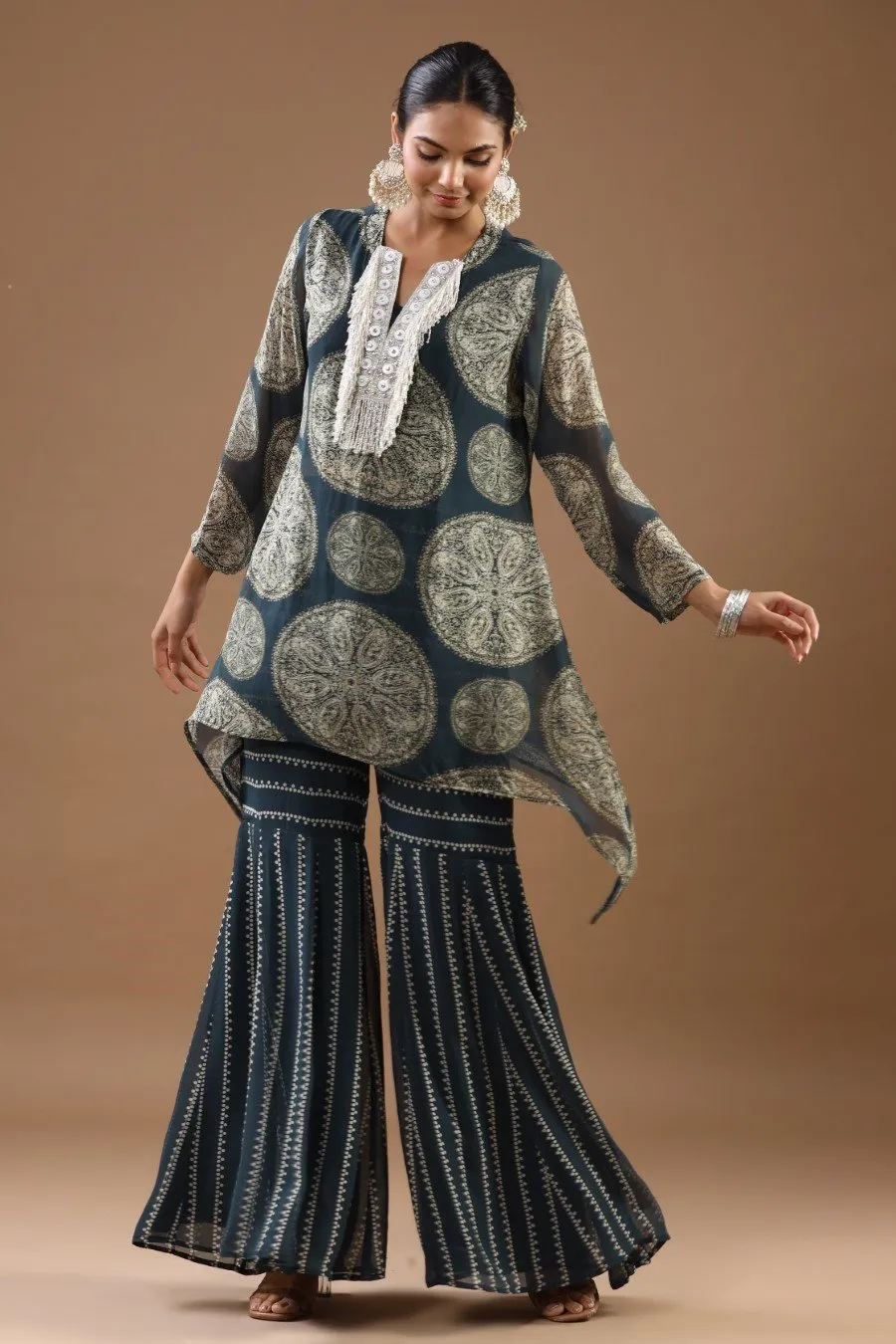 Teal Printed Asymmetrical Tunic with sharara