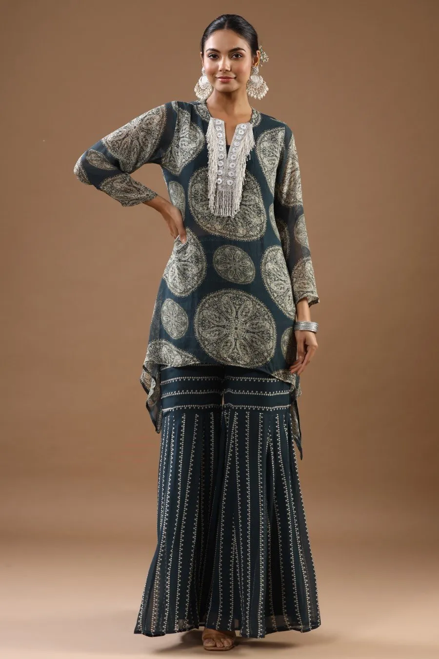 Teal Printed Asymmetrical Tunic with sharara