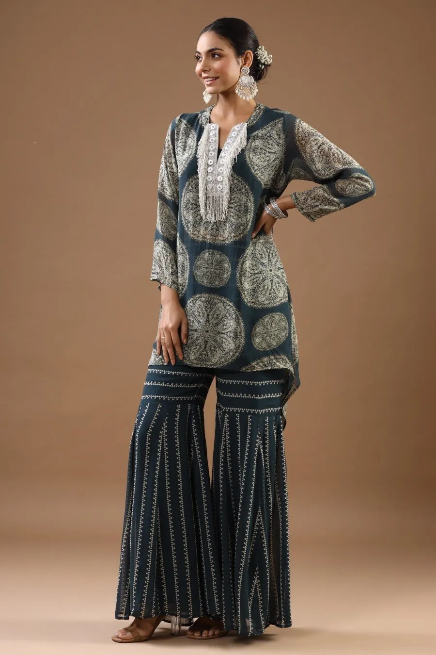 Teal Printed Asymmetrical Tunic with sharara