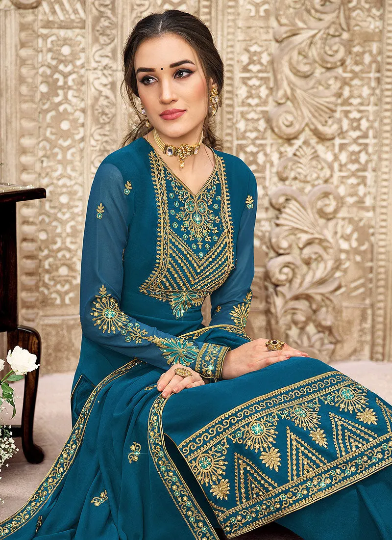 Turquoise Traditional Embroidered Pant Style Suit