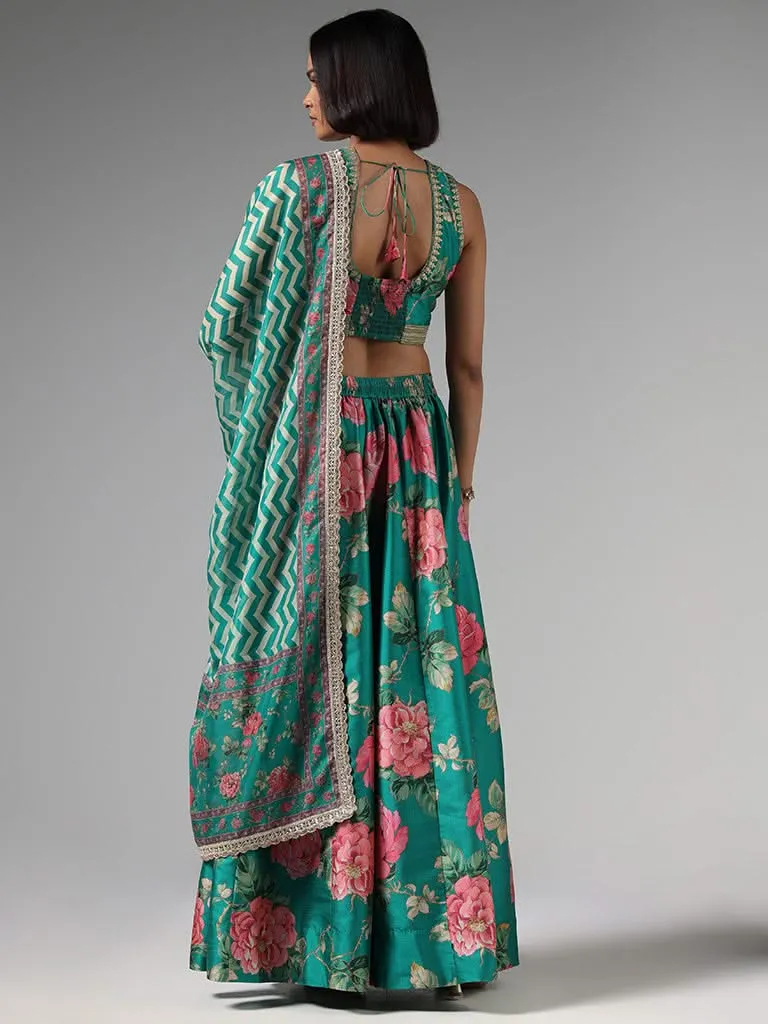 Vark Green Floral Printed Choli, Skirt & Dupatta Set