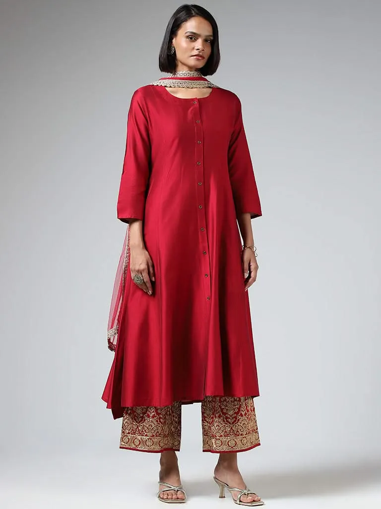 Vark Plain Red Kurta with Embroidered Pants & Dupatta