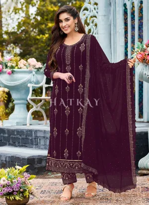 Wine Embroidered Traditional Pant Style Suit