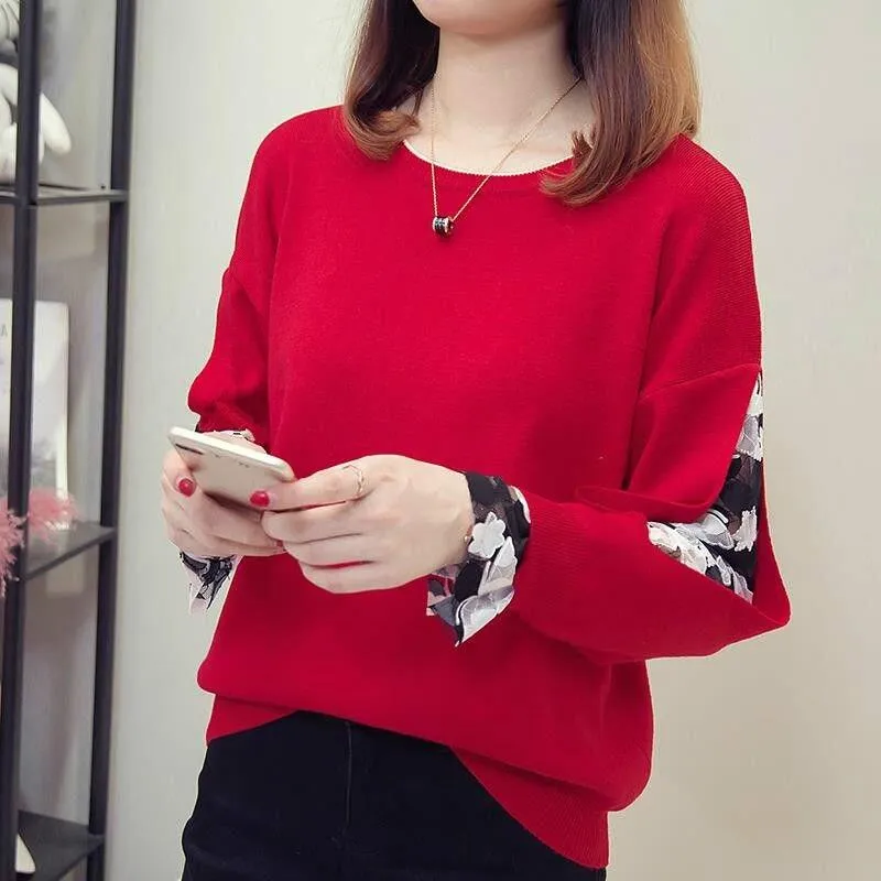 Women Knitted Hollow Out Mesh Patchwork Long Sleeve Casual Sweatshirt