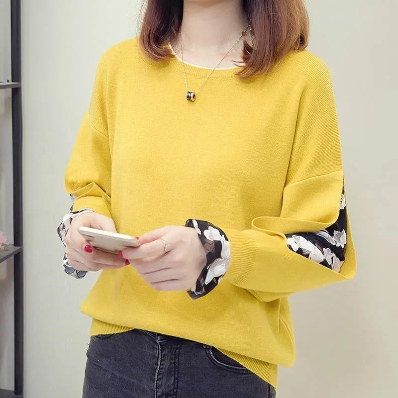 Women Knitted Hollow Out Mesh Patchwork Long Sleeve Casual Sweatshirt