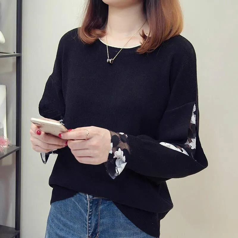 Women Knitted Hollow Out Mesh Patchwork Long Sleeve Casual Sweatshirt