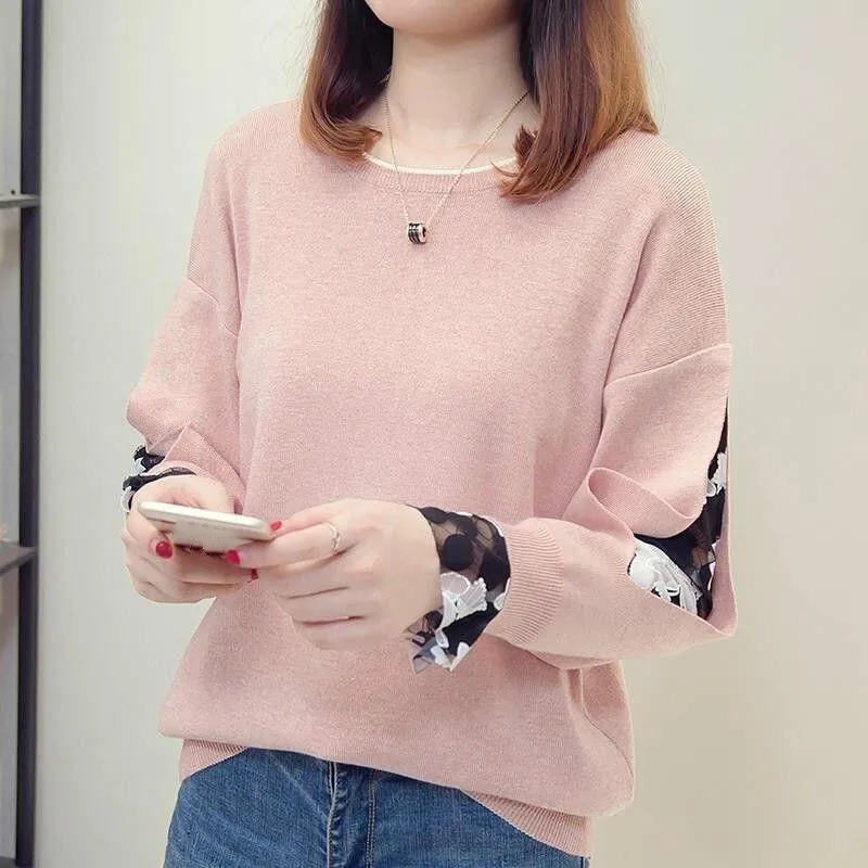 Women Knitted Hollow Out Mesh Patchwork Long Sleeve Casual Sweatshirt