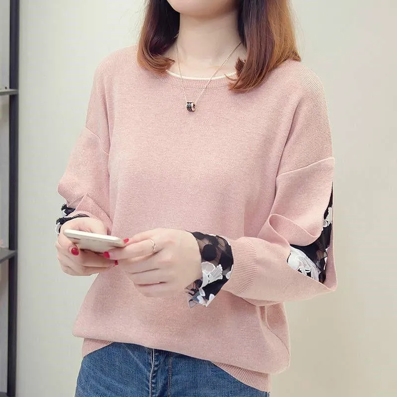 Women Knitted Hollow Out Mesh Patchwork Long Sleeve Casual Sweatshirt