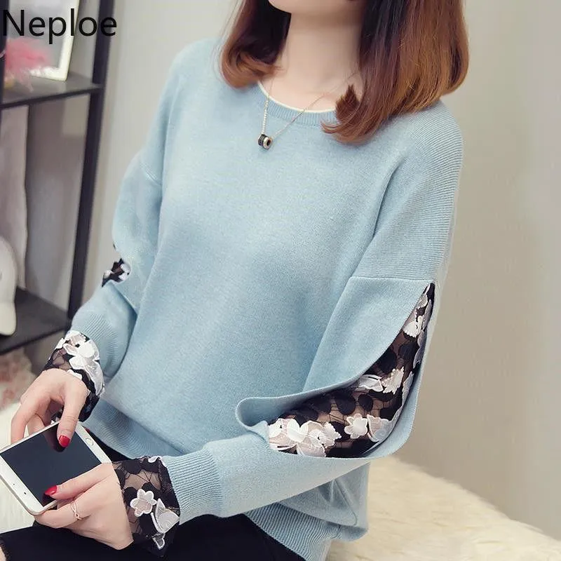 Women Knitted Hollow Out Mesh Patchwork Long Sleeve Casual Sweatshirt