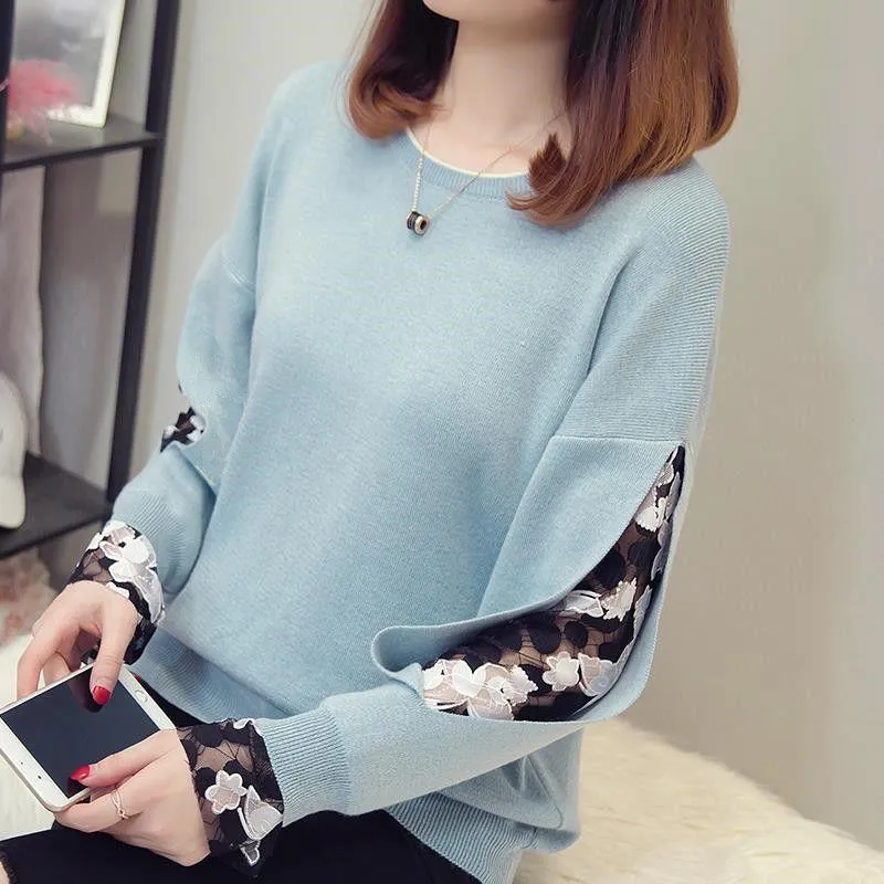 Women Knitted Hollow Out Mesh Patchwork Long Sleeve Casual Sweatshirt