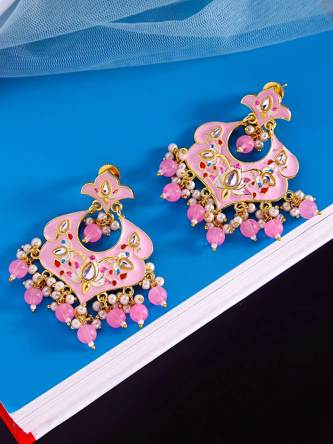 Yellow Chimes Ethnic Gold Plated Traditional Beads Pink Meenakari Floral Design Chandbali Earrings for Women and Girls, Medium (YCTJER-99MNKFLW-PK)