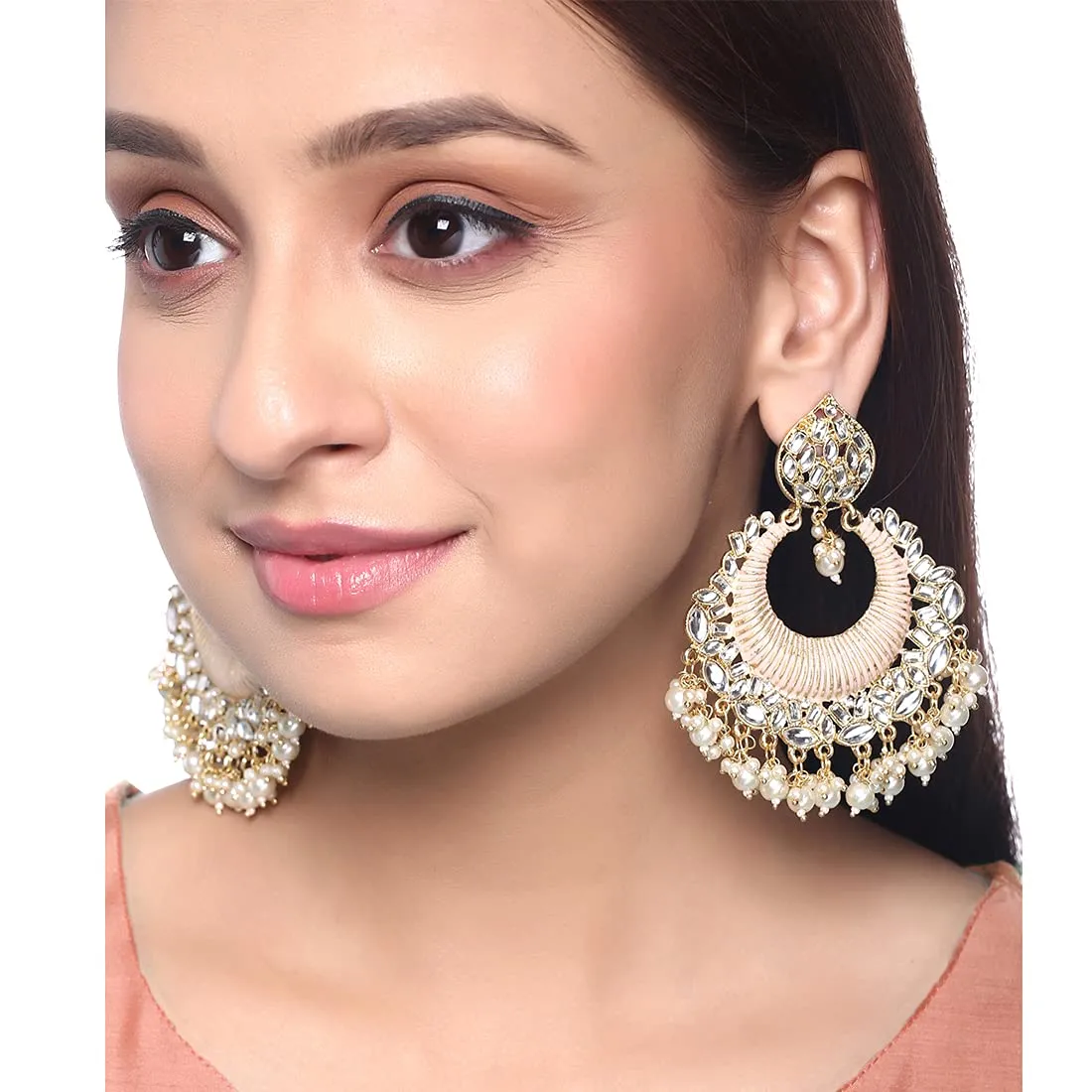 Yellow Chimes Ethnic Traditional Kundan Studded Pearl moti Peach Chandbali Earrings for Women and Girls, Gold, Peach, Medium (YCTJER-87KUDCHD-PCH)