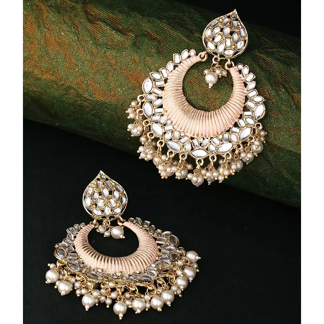 Yellow Chimes Ethnic Traditional Kundan Studded Pearl moti Peach Chandbali Earrings for Women and Girls, Gold, Peach, Medium (YCTJER-87KUDCHD-PCH)