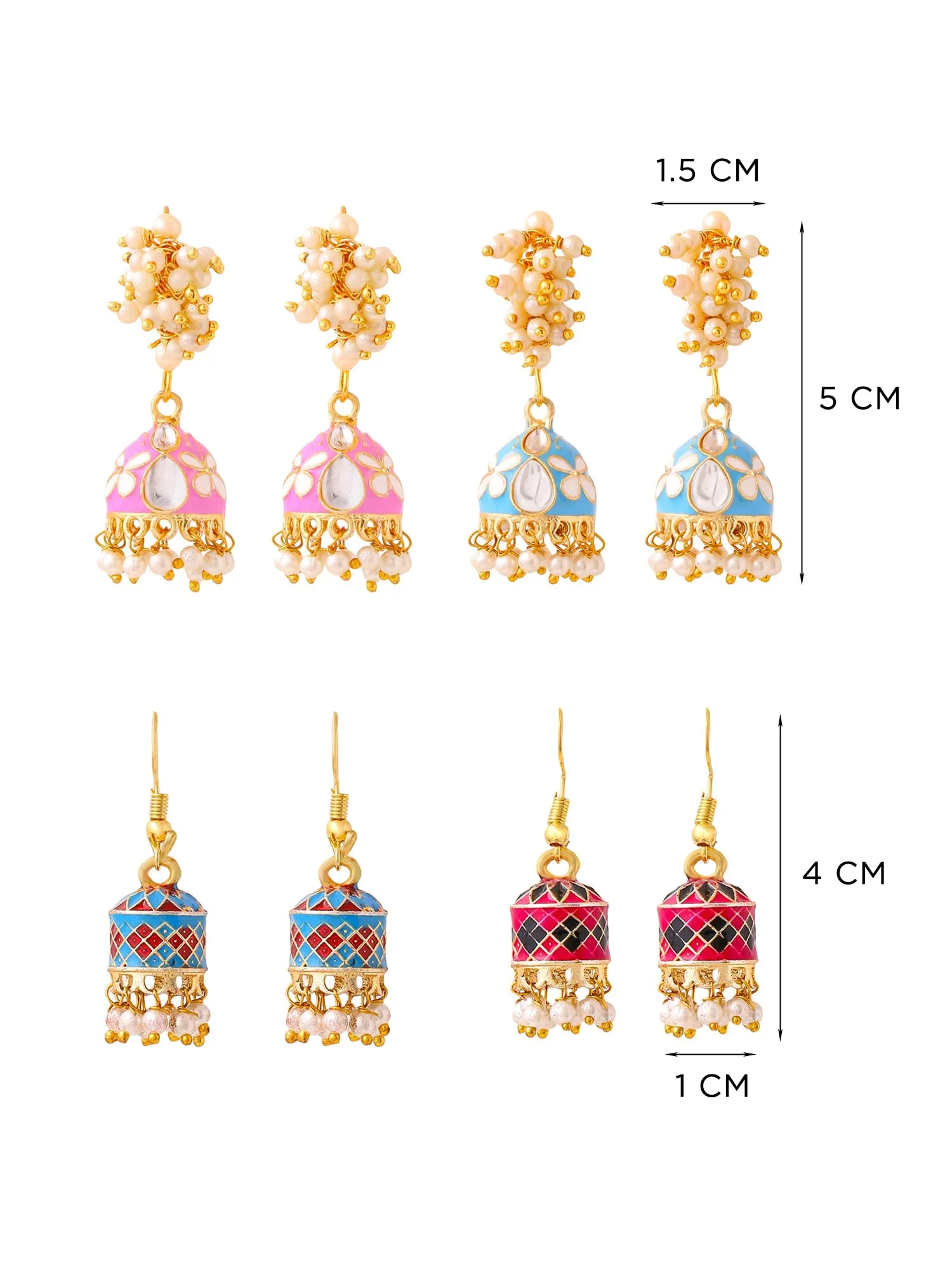 Yellow Chimes Meenakari Jhumka Earrings for Women | Traditional Mothi Hoop Jhumki Earrings Set for Girls | Combo of 4 Pairs Jhumkas Ethnic Gold Plated Women Earrings | Birthday Gift For Girls