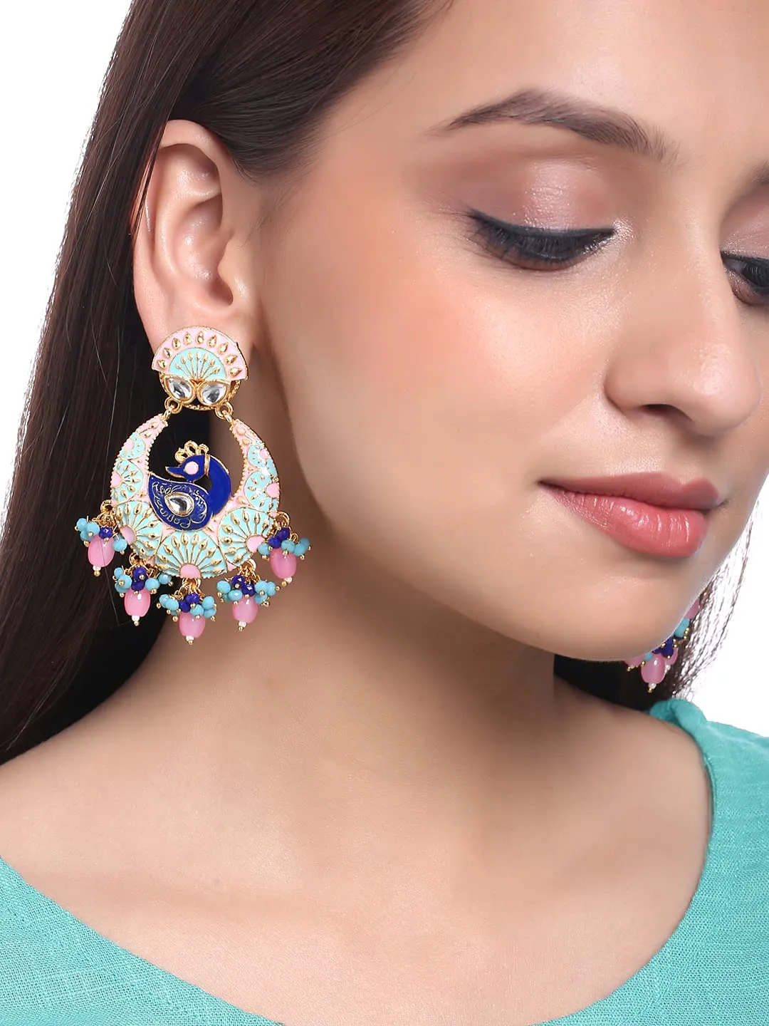 Yellow Chimes Traditional Gold Toned Peacock Design Pearl Meenakari Chandbali Earrings for Women and Girls, Blue, Pink, Medium (YCTJER-91MNKPCK-BLPK)