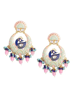 Yellow Chimes Traditional Gold Toned Peacock Design Pearl Meenakari Chandbali Earrings for Women and Girls, Blue, Pink, Medium (YCTJER-91MNKPCK-BLPK)