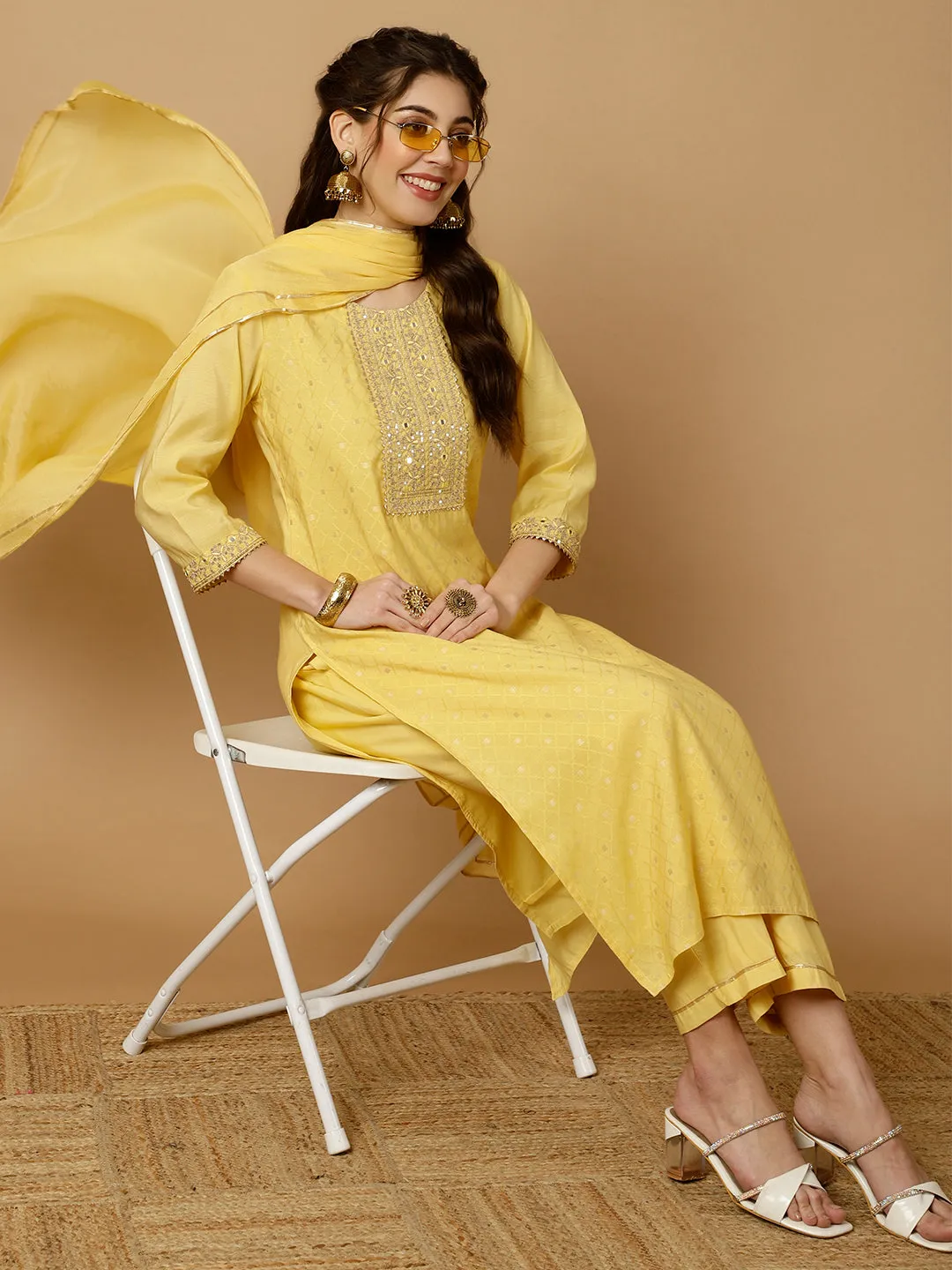 Yellow Mirror Work Chanderi Straight Kurta With Pants And Dupatta