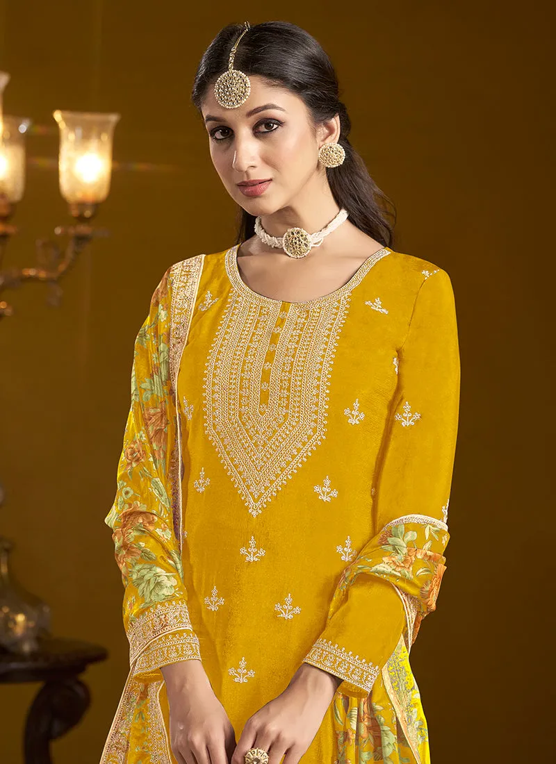 Yellow Traditional Embroidery Gharara Style Suit